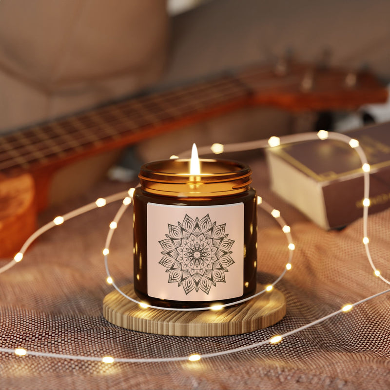 Relaxing Scented Soy Candle - Amber Jar with Mandala Design