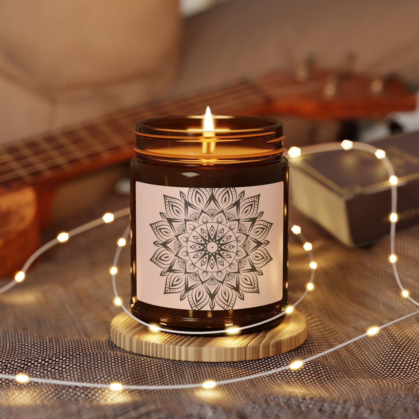 Relaxing Scented Soy Candle - Amber Jar with Mandala Design