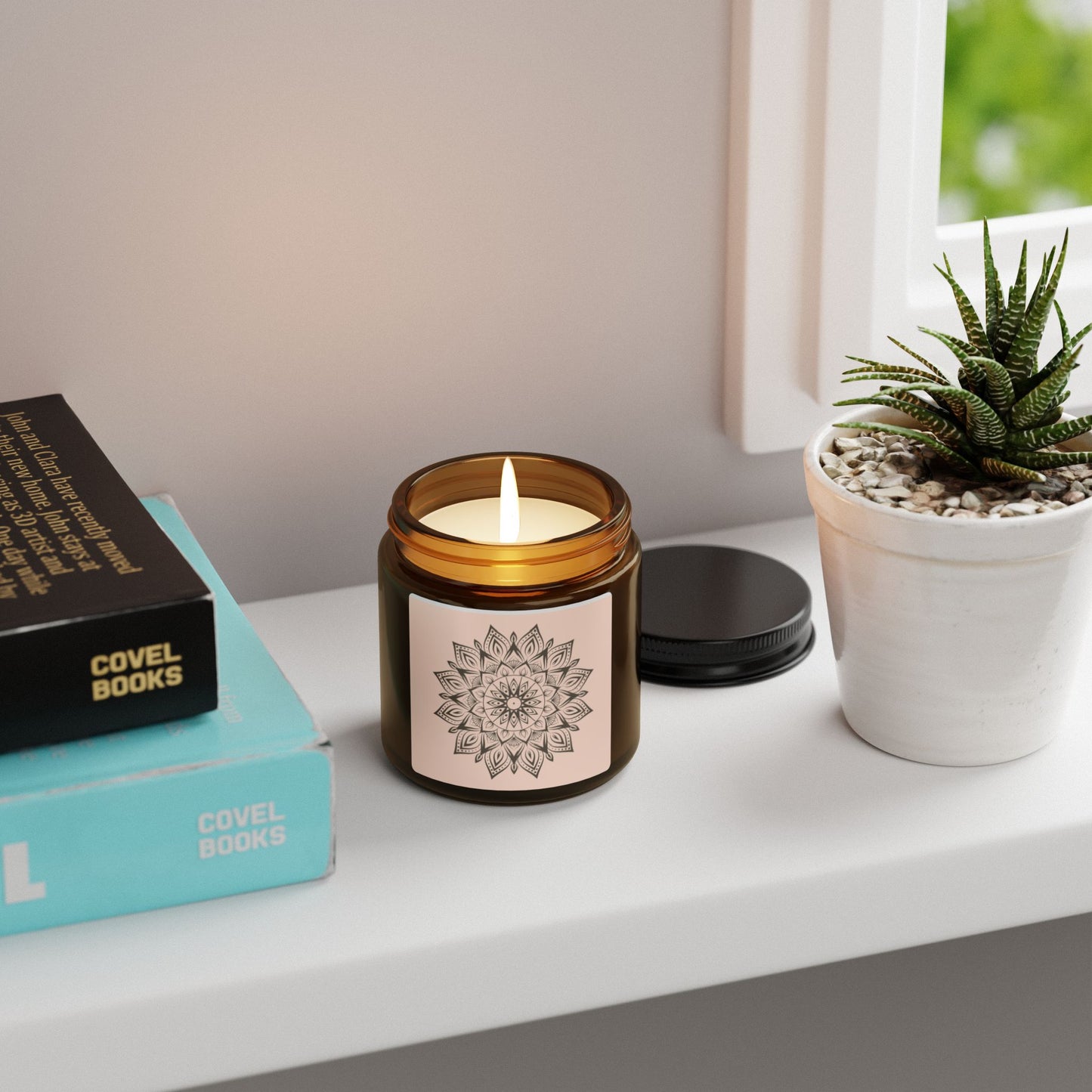 Relaxing Scented Soy Candle - Amber Jar with Mandala Design
