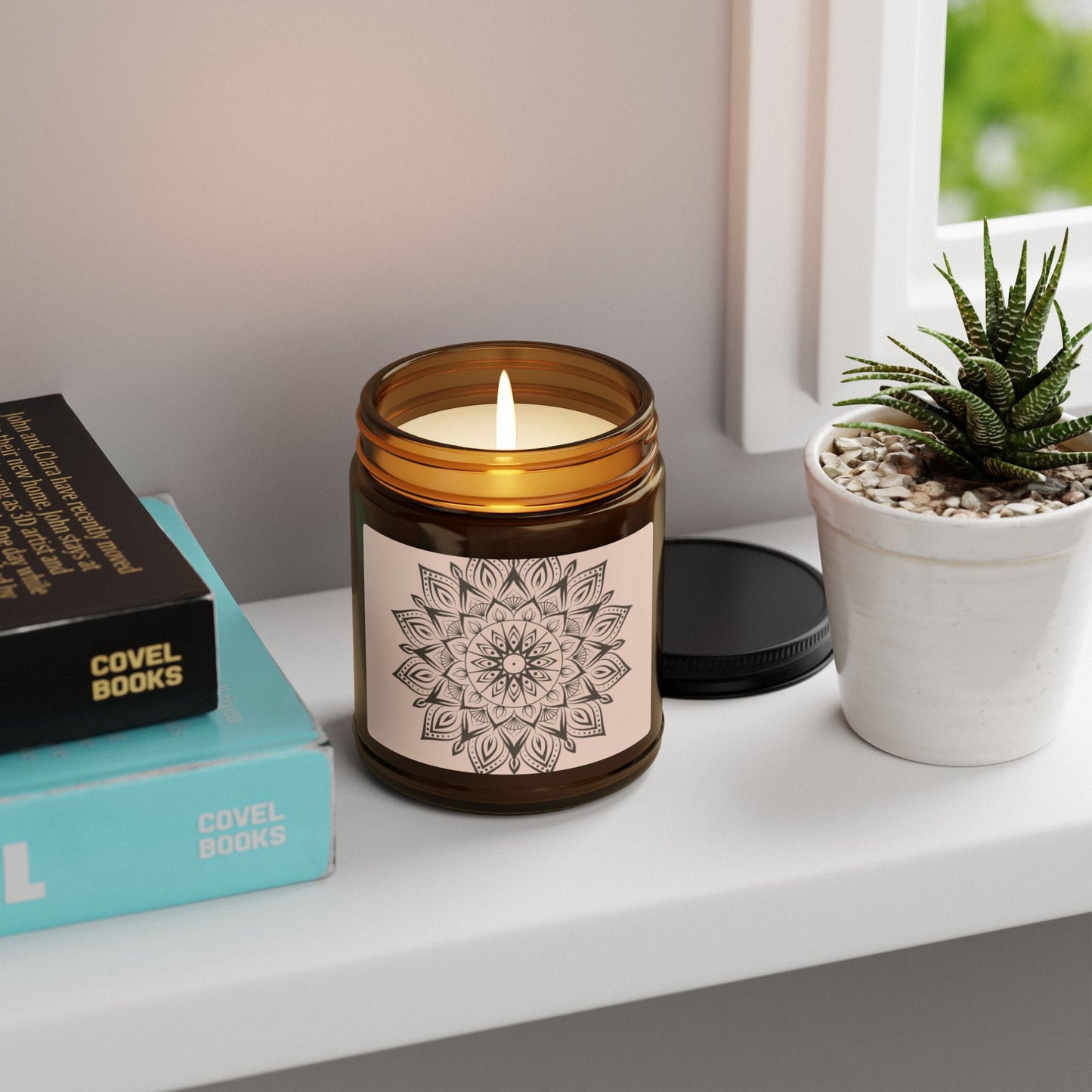 Relaxing Scented Soy Candle - Amber Jar with Mandala Design