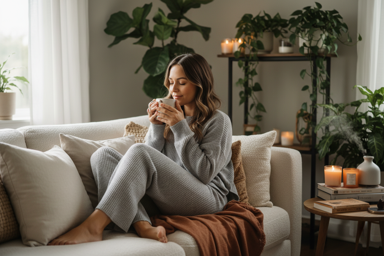 Woman relaxing at home with tea