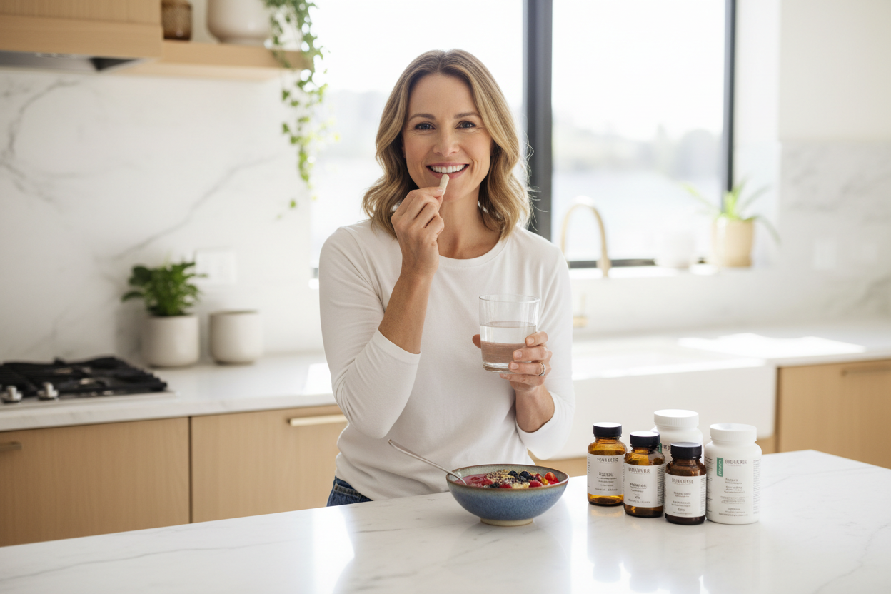 Woman taking supplements in kitchen